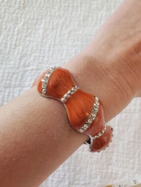 Coral Orange Hinge Bracelet With Crystal Accents